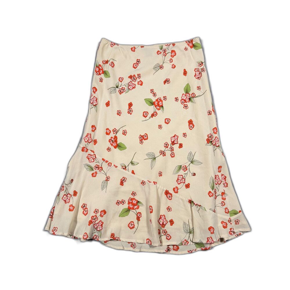 Vintage The Limited 100% Silk Floral Midi Skirt Cream Red Y2K Cottage core Med